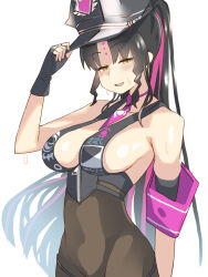 1girl bare_shoulders bikini black_bikini black_gloves black_hair black_hat black_pantyhose blush breasts cleavage covered_navel facial_mark fate/grand_order fate_(series) fingerless_gloves forehead_mark gloves halterneck hat highres large_breasts long_hair looking_at_viewer multicolored_hair necktie open_mouth pantyhose parted_bangs pink_hair police_hat ponytail sessyoin_kiara sessyoin_kiara_(swimsuit_mooncancer)_(second_ascension) sideboob smile solo streaked_hair swimsuit user_fkzw8222 very_long_hair yellow_eyes zipper