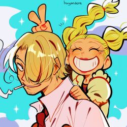 1boy 1girl ^_^ absurdres artist_name blonde_hair blue_sky braided_twintails chimney_(one_piece) cigarette closed_eyes cloud collared_shirt commentary curly_eyebrows english_commentary facial_hair goatee green_hair hair_over_one_eye highres huyandere necktie notice_lines one_piece puffy_short_sleeves puffy_sleeves sanji_(one_piece) shirt short_sleeves sky smile smoke v