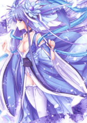 1girl bad_id bad_pixiv_id blue_eyes blue_hair blue_theme female_focus flower hair_flower hair_ornament japanese_clothes kimono matching_hair/eyes mikan_(5555) pixiv pixiv-tan purple_hair solo thighhighs