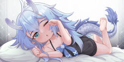 1girl :o aqua_eyes bailu_(honkai:_star_rail) barefoot batazungharn black_dress blue_bow blue_hair blush bow collarbone commentary cowlick crossed_bangs dragon_horns dragon_tail dress dress_bow feet_up flat_chest full_body hair_between_eyes halterneck highres honkai:_star_rail honkai_(series) horns light_blue_hair long_hair lying on_stomach one_eye_closed parted_lips pointy_ears short_dress soles solo tail the_pose toes