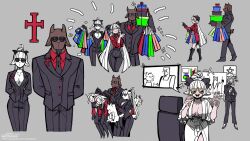 1boy 2girls animal_ears bad_tag black_horns bodysuit breasts cerberus_(helltaker) concept_art demon_girl demon_horns demon_tail everyone formal_clothes furry glasses goat_bodyguard_(grizz) goat_boy goat_ears goat_girl goat_horns goat_tail grey_background greyscale grizz hair_bun helltaker helltaker_(character) highres holding horns large_breasts lineart long_hair looking_at_viewer lucifer_(helltaker) monochrome multiple_girls necktie original parody personification ponytail red_shirt reference_sheet shirt simple_background sketch standing style_parody suit sunglasses tail vanripper_(style) white_hair