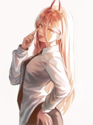 1girl absurdres black_necktie black_pants blonde_hair chainsaw_man demon_girl demon_horns hair_between_eyes hand_on_own_hip highres horns kkuduck_illust long_hair long_hair_between_eyes long_sleeves looking_at_viewer necktie pants power_(chainsaw_man) red_horns shirt solo tongue tongue_out white_shirt yellow_eyes