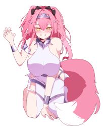 Rule 34 | 1girl, absurdres, alternate hairstyle, amebrew, armlet, bare shoulders, black bow, blush, bodysuit, bow, breasts, collar, commentary, fingernails, grin, hair bow, hair ornament, hairband, hand up, highres, jewelry, kneeling, large breasts, long hair, looking at viewer, lupa (wuthering waves), metal collar, metal hairband, multiple hair bows, pink hair, pink tail, simple background, smile, solo, tail, white background, white bodysuit, wolf tail, wrist guards, wuthering waves, yellow eyes
