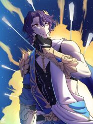 Rule 34 | 1boy, dr. ratio (honkai: star rail), eyeliner, fingerless gloves, fingernails, gloves, hair ornament, honkai: star rail, honkai (series), jewelry, looking to the side, makeup, muscular, purple hair, red eyeliner, ring, short hair, solo, solo focus, spriggantweet