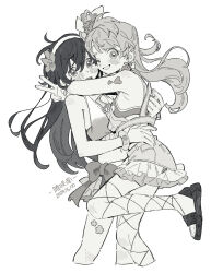 2girls bikini blush cropped_legs dated earrings fingernails fishnet_thighhighs fishnets flower greyscale grin hair_flower hair_ornament hairband heart heart_earrings highres hug jewelry long_hair looking_at_viewer love_live! love_live!_school_idol_project minami_kotori minamip monochrome multiple_girls natsuiro_egao_de_1_2_jump! one_eye_closed one_side_up sandals simple_background smile sonoda_umi standing swimsuit thighhighs v white_background yuri