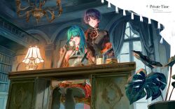1boy 1girl black_feathers black_gloves black_kimono black_sleeves black_thighhighs blonde_hair blunt_bangs blunt_ends bookshelf chair chandelier chest_harness closed_mouth coat coat_on_shoulders colored_inner_hair covered_collarbone cup curtains delusion_(genshin_impact) desk desk_lamp elbow_gloves english_text feathers food fur-trimmed_coat fur_trim genshin_impact glass gloves gold green_hair grey_eyes hand_on_another&#039;s_shoulder harness highres holding holding_cup holding_quill indoors japanese_clothes jewelry juban kimono lamp leaf lic_617 long_hair looking_at_viewer looking_to_the_side mandarin_collar mitsudomoe_(shape) multicolored_hair neck_ring oc_x_canon open_clothes open_kimono open_mouth original overcast plant potted_plant purple_eyes purple_hair pyro_symbol_(genshin_impact) quill red_kimono red_skirt sandwich scaramouche_(genshin_impact) shirt single_off_shoulder sitting skirt sky sleeveless sleeveless_shirt smile swept_bangs teacup thighhighs tomoe_(symbol) tsurime watermark white_kimono white_shirt window wispy_bangs