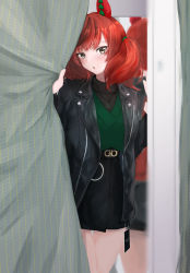 1girl absurdres alternate_costume animal_ears belt black_jacket black_shirt black_skirt blush brown_hair casual ear_covers embarrassed green_vest highres horse_ears horse_girl jacket leather leather_jacket looking_at_viewer medium_hair multicolored_hair nice_nature_(umamusume) sabatakeru_(days_18) shirt skirt solo streaked_hair tag turtleneck twintails umamusume vest yellow_eyes