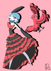 alternate_color black_eyes black_gloves blue_hair bob_cut colored_skin dancing dress elbow_gloves frilled_dress frills game_freak gardevoir gen_3_pokemon gen_7_pokemon gloves hair_over_one_eye highres mega_gardevoir mega_pokemon nintendo open_mouth oricorio oricorio_(baile) pink_background pink_eyes pokemon pokemon_(creature) shabana_may shiny_pokemon signature simple_background smile strapless strapless_dress two-tone_dress white_skin