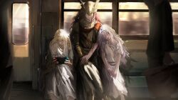 1girl 2boys absurdres amputee armor blonde_hair blurry blurry_background brother_and_sister cape character_request circlet closed_mouth covered_eyes elden_ring gold_armor gold_circlet handheld_game_console helmet helmet_over_eyes highres long_hair malenia_blade_of_miquella mechanical_arms miquella_(elden_ring) multiple_boys nintendo_switch prosthesis prosthetic_arm red_cape sakku_art scar siblings single_mechanical_arm sitting sleeping sleeping_on_person suitcase train_interior tunic white_hair white_tunic window winged_helmet