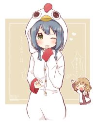 &gt;_&lt; 2girls :d ^^^ absurdres animal_hood artist_name blonde_hair blue_hair blush border buttons chibi chicken_costume closed_eyes closed_mouth cosplay cropped_legs dress fang furutani_himawari green_eyes hair_ornament hairclip hand_up heart highres hood hood_up kigurumi layered_sleeves long_sleeves looking_at_viewer low_twintails medium_hair monippe965 multiple_girls nanamori_school_uniform oomuro_sakurako open_mouth outside_border red_dress red_wrist_cuffs sailor_collar sailor_shirt school_uniform shirt short_over_long_sleeves short_sleeves simple_background skin_fang sleeves_past_wrists smile speech_bubble translation_request twintails waving wavy_mouth white_border white_shirt wrist_cuffs xd yellow_background yuruyuri