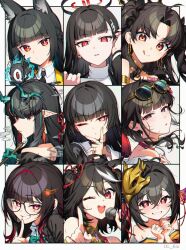 6+girls :q absurdres animal_ear_fluff animal_ears arknights azur_lane bare_shoulders bespectacled black_hair blue_archive blunt_bangs blush chisa_(wuthering_waves) circle_facial_mark closed_mouth color_connection commentary dl_(dl_6ix) dragon_ears dragon_girl dusk_(arknights) english_commentary eye_color_connection eyewear_on_head fate/grand_order fate_(series) fox_ears fox_girl glasses goddess_of_victory:_nikke green_horns grin hair_color_connection hair_ornament hairpin halo hand_up highres holding holding_microphone honkai:_star_rail honkai_(series) horns horse_ears hoshimi_miyabi ishtar_(fate) kitasan_black_(umamusume) looking_at_viewer mark_under_both_eyes microphone multicolored_hair multiple_drawing_challenge multiple_girls one_eye_closed open_mouth parted_bangs parted_lips pointy_ears red_eyes rio_(blue_archive) sailor_collar sakura_(bloom_in_summer)_(nikke) sakura_(nikke) sidelocks smile sparkle_(honkai:_star_rail) sparkle_(school_uniform)_(honkai:_star_rail) streaked_hair sunglasses sweat taihou-chan_(azur_lane) tailless_(zenless_zone_zero) tongue tongue_out umamusume white_sailor_collar wuthering_waves zenless_zone_zero