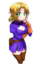 Rule 34 | 1girl, alternate costume, belt, belt pouch, black shorts, blonde hair, breasts, brown belt, brown thighhighs, cleavage, cleavage cutout, closed mouth, clothing cutout, commentary request, cowboy shot, expressionless, finger to cheek, gloves, green eyes, highres, index finger raised, looking at viewer, medium breasts, mizuhashi parsee, orange gloves, parted bangs, pointy ears, pouch, purple tunic, short hair, shorts, simple background, solo, thighhighs, touhou, tunic, yokozuna iwashi