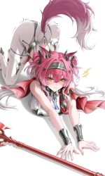 1girl all_fours angry animal_ears ass bare_shoulders blush bodysuit boots breast_press breasts hair_ornament hairband hairclip kiyoshi9977 large_breasts long_hair looking_at_viewer lupa_(wuthering_waves) orange_eyes pink_hair polearm skin_tight solo spear tail thigh_boots top-down_bottom-up twintails very_long_hair weapon white_hair wuthering_waves