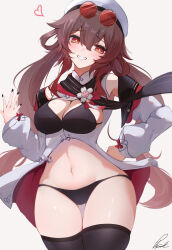 1girl absurdres alternate_breast_size black_bra black_nails black_pantyhose black_thighhighs bra breasts brown_hair cowboy_shot detached_sleeves eyewear_on_head flower-shaped_pupils genshin_impact glasses grin hand_on_own_hip hat heart highres hu_tao_(cherries_snow-laden)_(genshin_impact) hu_tao_(genshin_impact) long_hair looking_at_viewer medium_breasts nail_polish navel official_alternate_costume pantyhose pince-nez pisuke_(user_kcmh2774) signature simple_background skindentation smile solo sunglasses symbol-shaped_pupils thigh_gap thighhighs twintails underwear white_background white_hat