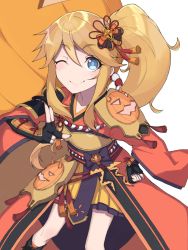 Rule 34 | 1girl, alternate hairstyle, armor, black gloves, blonde hair, blue eyes, closed mouth, fingerless gloves, gloves, jack-o&#039;-lantern, japanese clothes, kimono, long hair, looking at viewer, miya (art aefu), ninon (halloween) (princess connect!), ninon (princess connect!), official alternate costume, one eye closed, orange kimono, princess connect!, shoulder armor, side ponytail, simple background, smile, solo, v, white background