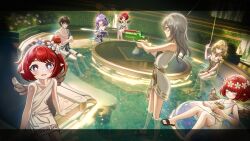 1boy 6+girls absurdres aglaea_(honkai:_star_rail) aiming alternate_costume ancient_greek_clothes architecture arm_tattoo bare_shoulders bathhouse black_tiara blonde_hair blue_eyes bracelet breast_tattoo breasts brown_hair castorice_(honkai:_star_rail) cleavage closed_mouth commentary_request cross-shaped_pupils crossed_arms cup dan_heng_(honkai:_star_rail) dress firing flower flower_wreath gloves gold_bracelet greco-roman_architecture greco-roman_clothes green_eyes grey_hair guisin_(chibi_ghost) hair_between_eyes hair_flower hair_ornament hair_over_one_eye hand_up head_wreath highres holding holding_cup holding_water_gun honkai:_star_rail honkai_(series) index_finger_raised indoors innertube jewelry large_breasts letterboxed long_hair looking_at_another looking_at_viewer making-of_available mixed-sex_bathing multiple_girls on_innertube open_mouth pointy_ears purple_eyes purple_gloves purple_hair red_hair sandals shared_bathing short_hair single-shoulder_dress sitting smile soaking_feet standing stelle_(honkai:_star_rail) swim_ring symbol-shaped_pupils tattoo thread tiara tile_wall tiles toes toned toned_male trailblazer_(honkai:_star_rail) trianne_(honkai:_star_rail) tribbie_(honkai:_star_rail) trinnon_(honkai:_star_rail) triplets very_long_hair wading water water_gun white_blindfold white_dress wings yellow_eyes