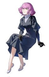 1girl black_dress black_gloves blue_eyes blunt_sidelocks breasts buttons closed_mouth coat_dress collared_shirt double-breasted dress earrings erhuazi917 flats flipped_hair full_body gloves gundam haman_karn hand_on_own_leg high_collar highres invisible_chair jewelry juliet_sleeves knees_together_feet_apart long_sleeves looking_to_the_side medium_breasts medium_dress neo_zeon pink_hair puffy_sleeves shirt short_hair sidelocks simple_background sitting smile solo v-bangs v-neck white_background white_shirt zeta_gundam