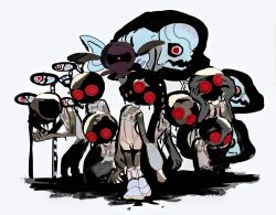 1girl 6+others battering_lento bodysuit drone fish fish_skeleton floating highres jelleton kkk_bg000 marching_andante mask multiple_others nintendo non-humanoid_robot order_shot_(splatoon) parallel_canon_(splatoon) pearl_(splatoon) pearl_drone_(splatoon) red_eyes robot simple_background sleeveless sleeveless_bodysuit splatoon_(series) splatoon_3 splatoon_3:_side_order swarming_languendo white_background white_bodysuit