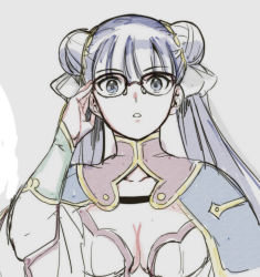 Rule 34 | 1girl, aoba (smartbeat), blue eyes, breasts, capelet, center opening, cleavage, double bun, fate/grand order, fate (series), glasses, hair bun, hair ribbon, large breasts, long hair, looking at viewer, martha (fate), purple hair, ribbon, sketch, solo, twintails