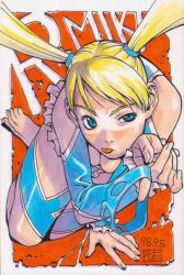 1990s_(style) 1girl accessory_tan artist_request blonde_hair blue_eyes capcom dated feet female_focus framed frills highres leotard looking_up mask no_mask outside_border rainbow_mika retro_artstyle solo spandex street_fighter street_fighter_zero_(series) tan tanline tanlines tongue twintails uneven_eyes unworn_mask wrestler
