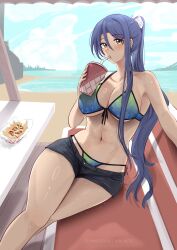 1girl abs beach bikini blue_hair blue_sky blush breasts cleavage cloud commentary commission cup denim denim_shorts disposable_cup double-parted_bangs drinking drinking_straw drinking_straw_in_mouth eiyuu_densetsu english_commentary food french_fries hair_between_eyes hajimari_no_kiseki highres holding holding_cup large_breasts laura_s._arseid long_sidelocks looking_at_viewer navel ocean ponytail shorts sidelocks single_sidelock sitting sky solo swimsuit thighs vialnite yellow_eyes