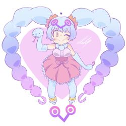 1girl blue_gloves blue_hair blue_thighhighs cherushi_2 dress elbow_gloves gloves heart highres keroro_gunsou long_hair looking_at_viewer one_eye_closed pink_dress simple_background skirt sleeveless snake_girl solo thighhighs tongue twintails viper_momi_(keroro_gunsou) yellow_eyes