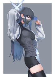 1girl absurdres adjusting_clothes adjusting_headwear arm_behind_head asymmetrical_clothes asymmetrical_legwear baseball_cap black_hat black_pants black_shirt black_thighhighs blue_archive blue_eyes blue_hair blue_halo commentary_request cowboy_shot cropped_jacket from_side grey_background grey_jacket halo hat highres jacket long_hair mask mouth_mask oregano_(olgn_eao) outside_border pants photo-referenced saori_(blue_archive) shirt single_pantsleg single_thighhigh solo thighhighs wrinkled_fabric