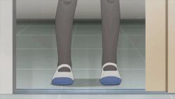 1girl animated animated_gif anime_screenshot braid closed_eyes doorway female_focus hair_between_eyes hand_gesture indoors open_mouth purple_hair shoes sidelocks sliding_doors smile solo soredemo_ayumu_wa_yosetekuru standing subtitled tile_floor tiles twin_braids uwabaki window yaotome_urushi