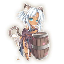 1girl animal_ears barrel blue_eyes bow cat_ears cat_tail chibi cup dark-skinned_female dark_skin earrings eiyuu_densetsu falcom female_focus full_body jewelry kemonomimi_mode mug ribbon sandals saru scherazard_harvey short_hair smile solo sora_no_kiseki tail white_background white_hair