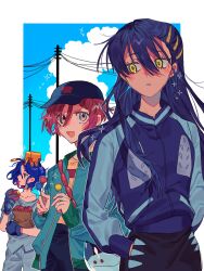 1boy 2girls amate_yuzuriha apple aqua_eyes blue_hair blue_sky blush border candy cloud cloudy_sky colored_inner_hair conch_(gundam) day food fruit gloves gundam gundam_gquuuuuux hair_ornament hairclip hand_in_pocket haro hat highres holding holding_candy holding_food holding_fruit holding_lollipop jacket lollipop long_hair m_manjyu multicolored_hair multiple_girls non-humanoid_robot nyaan_(gundam_gquuuuuux) open_mouth purple_hair red_eyes red_hair robot shirt short_hair shuji_ito sky smile two-tone_hair utility_pole white_border yellow_eyes
