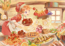 1girl absurdres alternate_costume apple apron banana bird boned_meat book bowl chicken closed_eyes commentary dress earrings ellie_niunai_zhuyi_zhe english_commentary eyelashes feather_earrings feathers fish_(food) food food_focus fruit garnish grapes hat heart heart-shaped_eyes highres holding holding_bowl holding_plate hololive hololive_english indoors jar jewelry kfp_employee_(takanashi_kiara) lemon lemon_slice light_particles meat meatball noodles open_mouth orange_hair pasta pie plate purple_eyes red_dress red_hat salad shelf short_sleeves shrimp sitting sleeping smile spaghetti spaghetti_and_meatballs sparkle steam takanashi_kiara twitter_username virtual_youtuber watermelon watermelon_slice white_apron window wooden_bowl