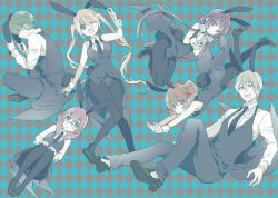 2boys 4girls akizuki_kouyou amano_miu animal_ears black_legwear blend_s blonde_hair braid brown_hair rabbit_ears rabbit_tail dino_(blend_s) fake_animal_ears glasses green_hair high_heels hinata_kaho hoshikawa_mafuyu leotard leotard_under_clothes long_hair long_sleeves multiple_boys multiple_girls nakayama_miyuki necktie official_art pantyhose playboy_bunny purple_eyes purple_hair red_hair sakuranomiya_maika short_hair sleeveless sweatdrop tail twin_braids vest wrist_cuffs