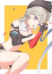 1girl animal_hat bare_shoulders beret black_hat border breasts cat_hat crop_top double-parted_bangs earrings elbow_gloves facial_mark gloves grey_hair hair_between_eyes hat highres jewelry komori_met komori_met_(5th_costume) medium_hair midriff navel okishiro outside_border partially_fingerless_gloves pink_eyes planet_earrings short_shorts shorts single_earring single_elbow_glove single_glove small_breasts solo strap_slip virtual_youtuber vspo! white_border