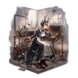 1girl animal_ears antlers apron arknights black_boots black_dress black_gloves black_hair bonnet book boots breasts candlestand deer_ears desk dress gloves grey_eyes hand_up highres holding horns indoors juliet_sleeves long_hair long_sleeves looking_at_viewer maid maid_apron medium_breasts official_art puffy_sleeves sitting solo transparent_background tsukinogi_(arknights) tsukinogi_(londinium_style_miko)_(arknights) ueno_zousui white_apron window