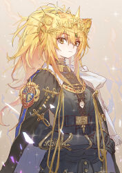 1girl absurdres animal_ear_fluff animal_ears arknights black_cape black_gloves black_jacket black_shirt blonde_hair brown_background brown_eyes cane cape closed_mouth commentary_request covered_collarbone fringe_trim gloves hair_between_eyes headpiece highres jacket light_smile long_hair long_sleeves looking_at_viewer own_hands_together ponytail sao7 shirt siege_(arknights) solo upper_body vambraces very_long_hair vina_victoria_(arknights)