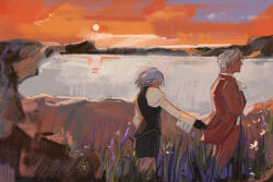 Rule 34 | 1boy, 1girl, ace attorney, alt text, ascot, black gloves, black vest, brother and sister, clothes tug, commentary, english commentary, flower, formal clothes, franziska von karma, gloves, grey hair, highres, long sleeves, miles edgeworth, outdoors, pencil skirt, red suit, shirt, short hair, siblings, skirt, snowkying, standing, suit, sun, vest, water, white shirt