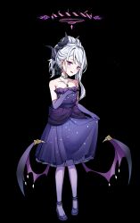 1girl black_halo blue_archive blue_hair breasts demon_girl demon_horns demon_wings dress earrings full_body gloves halo highres hina_(blue_archive) hina_(dress)_(blue_archive) horns jewelry long_hair necklace pantyhose pendant purple_dress purple_eyes purple_gloves simple_background small_breasts solo standing user_thsu5225 white_hair wings