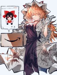1girl blonde_hair bow brown_hair dress fumo_(doll) gloves hair_between_eyes hakurei_reimu hand_up hat highres long_hair looking_at_viewer mob_cap one_eye_closed po_(anhk5528) purple_eyes purple_tabard red_bow red_shirt red_skirt shirt skirt smile tabard touhou white_background white_dress white_gloves yakumo_yukari