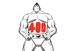 Rule 34 | 1boy, absurdres, belt, broad shoulders, chonmage, cropped legs, highres, holding, holding belt, kinnikuman, looking at viewer, male focus, muscular, muscular male, short hair, smile, strongman waist, sumo, sushio, topknot, wolfman (kinnikuman)