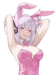 1girl absurdres alternate_costume animal_ear_hairband animal_ears armpits arms_behind_head arms_up blush bow bowtie breasts collar commission detached_collar fake_animal_ears hair_between_eyes hair_in_own_mouth hairband headgear highres leotard liv:_lux_(pgr) liv_(pgr) looking_at_viewer medium_breasts medium_hair meteorgale pink_bow pink_bowtie pink_eyes pink_leotard playboy_bunny punishing:_gray_raven rabbit_ear_hairband rabbit_ears second-party_source simple_background smile solo strapless strapless_leotard upper_body variant_set white_background white_collar white_hair