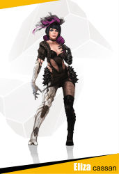 1girl android bob_cut boots breasts character_name choker cleavage deus_ex deus_ex:_human_revolution elbow_gloves eliza_cassan eyeliner eyeshadow female_focus frills gloves green_eyes headdress highres joints lace large_breasts lips makeup mechanical_arms muju robot_joints short_hair single_elbow_glove single_glove single_mechanical_arm solo thigh_boots thighhighs