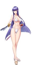 1girl bikini breasts busujima_saeko cleavage clothing_cutout collarbone crossover full_body groin highleg highres highschool_of_the_dead holding holding_sword holding_weapon large_breasts long_hair navel navel_cutout official_art ponytail purple_eyes purple_hair satou_shouji sidelocks simple_background smile solo stomach swimsuit sword taimanin_(series) taimanin_rpgx thighs underboob weapon white_background white_bikini