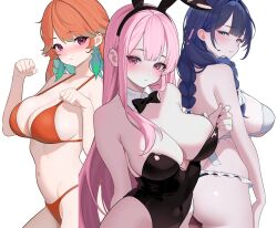Rule 34 | 3girls, animal ears, bare shoulders, bikini, black bikini, black bow, black bowtie, black leotard, blue eyes, blue hair, blunt bangs, blush, bow, bowtie, braid, breasts, cleavage, closed mouth, colored inner hair, detached collar, earrings, fake animal ears, feather earrings, feathers, frilled bikini, frills, green feathers, green hair, hair intakes, hair ribbon, halterneck, highleg, highleg leotard, highres, hololive, hololive english, jewelry, large breasts, layunaart, leotard, long hair, looking at viewer, maid, maid bikini, mori calliope, multicolored hair, multiple girls, navel, orange bikini, orange hair, ouro kronii, paw pose, pink eyes, pink hair, playboy bunny, rabbit ears, ribbon, simple background, stomach, strapless, strapless leotard, string bikini, swimsuit, takanashi kiara, twin braids, unconventional maid, virtual youtuber, white background, white bikini, white ribbon