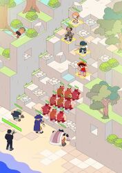 Rule 34 | 1girl, 6+boys, anger vein, brown overalls, buchi (one piece), captain kuro, chibi, clenched teeth, commentary, cowboy hat, fingernails, gameplay mechanics, gloves, haramaki, hat, health bar, highres, holding, holding staff, isometric, jango (one piece), long fingernails, long nose, lv5plant, monkey d. luffy, multiple boys, nami (one piece), nami (one piece) (east blue), one piece, overalls, people, roronoa zoro, sham (one piece), staff, straw hat, teeth, tree, usopp