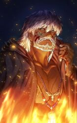 1boy alternate_costume bara blood blood_on_face braid dark-skinned_male dark_skin embers facial_mark final_fantasy final_fantasy_xiv headband highres hyur jewelry kbaeso long_hair looking_at_viewer lyon_rem_helsos male_focus mature_male muscular muscular_male necklace night night_sky old old_man pectoral_cleavage pectorals scar scar_on_face scar_on_nose serious side_braid sky tooth_necklace tribal upper_body white_hair white_headband