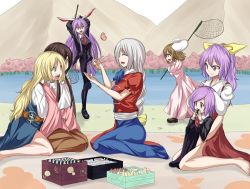 6+girls animal_ears black_hair blonde_hair brown_hair rabbit_ears houraisan_kaguya inaba_tewi long_hair multiple_girls open_mouth ponytail purple_hair red_eyes reisen reisen_udongein_inaba shamisen_(syami_sen) short_hair silver_hair sitting touhou watatsuki_no_toyohime watatsuki_no_yorihime yagokoro_eirin yellow_eyes