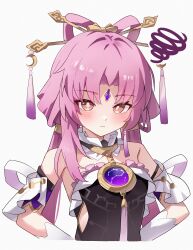 1girl absurdres armpit_crease bare_shoulders blush bow-shaped_hair chideno commentary constellation constellation_print forehead_jewel frown fu_xuan_(honkai:_star_rail) hair_intakes hair_ornament hair_stick hands_on_own_hips highres honkai:_star_rail honkai_(series) looking_at_viewer low_twintails medium_hair multicolored_eyes orange_eyes parted_bangs pink_hair purple_rope ribbon rope simple_background solo squiggle tassel tassel_hair_ornament twintails two-tone_eyes white_background