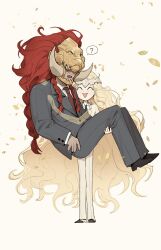 2boys ^_^ black_necktie blonde_hair braid carrying closed_eyes collared_shirt crown elden_ring elden_ring:_shadow_of_the_erdtree fake_horns falling_leaves formal_clothes full_body grey_jacket grey_pants grey_suit helmet highres horned_helmet horns jacket leaf long_hair long_sleeves male_focus miquella_(elden_ring) multiple_boys necktie open_mouth pants princess_carry red_hair red_necktie shirt smile spoilers starscourge_radahn suit sweatdrop twin_braids tworain_w very_long_hair white_background white_jacket white_pants white_shirt white_suit