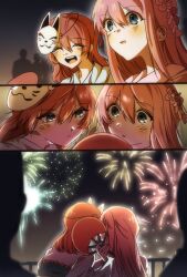 Rule 34 | 2girls, 3others, aerial fireworks, bab13081, blue eyes, blush, bocchi the rock!, closed eyes, closed mouth, fireworks, fox mask, gotoh hitori, hand fan, highres, holding, holding fan, japanese clothes, kimono, kiss, kita ikuyo, long hair, looking at another, mask, mask on head, multiple girls, multiple others, night, open mouth, outdoors, pink hair, red hair, smile, white kimono, yuri