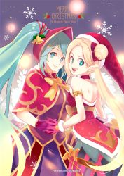 2girls :d aa2233a alternate_costume alternate_hair_color ambitious_elf_jinx aqua_hair bell blonde_hair blue_eyes capelet choker english_text gloves hair_bun hat holding_hands jinx_(league_of_legends) league_of_legends long_hair looking_at_viewer merry_christmas multiple_girls open_mouth pointy_ears red_choker red_gloves santa_costume santa_hat silent_night_sona single_hair_bun smile snowflakes sona_(league_of_legends) standing twintails watermark web_address